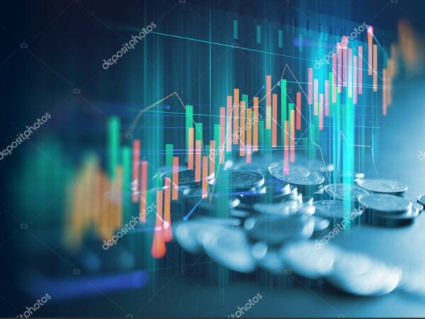 double exposure image of stock market investment graph and coins stack.